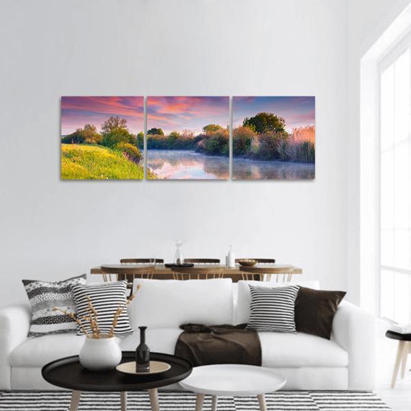 Colorful Sunrise On River Panoramic Canvas Wall Art-3 Piece-25" x 08"-Tiaracle