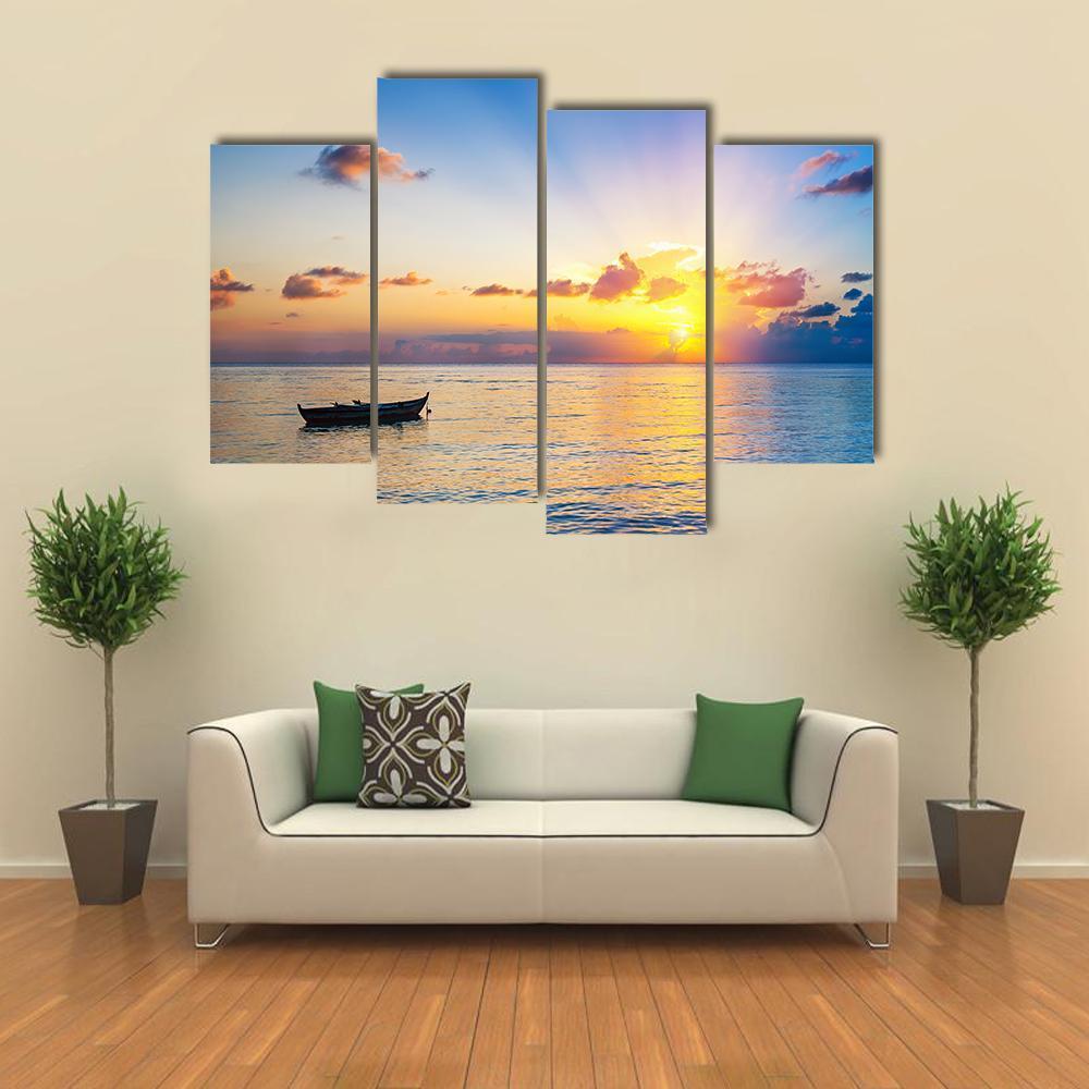 Colorful Sunrise Over Ocean Canvas Wall Art-4 Pop-Gallery Wrap-50&quot; x 32&quot;-Tiaracle