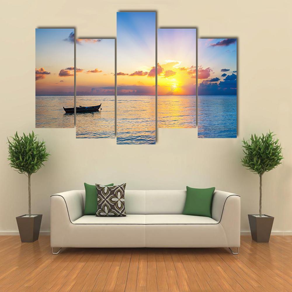 Colorful Sunrise Over Ocean Canvas Wall Art-5 Pop-Gallery Wrap-47&quot; x 32&quot;-Tiaracle
