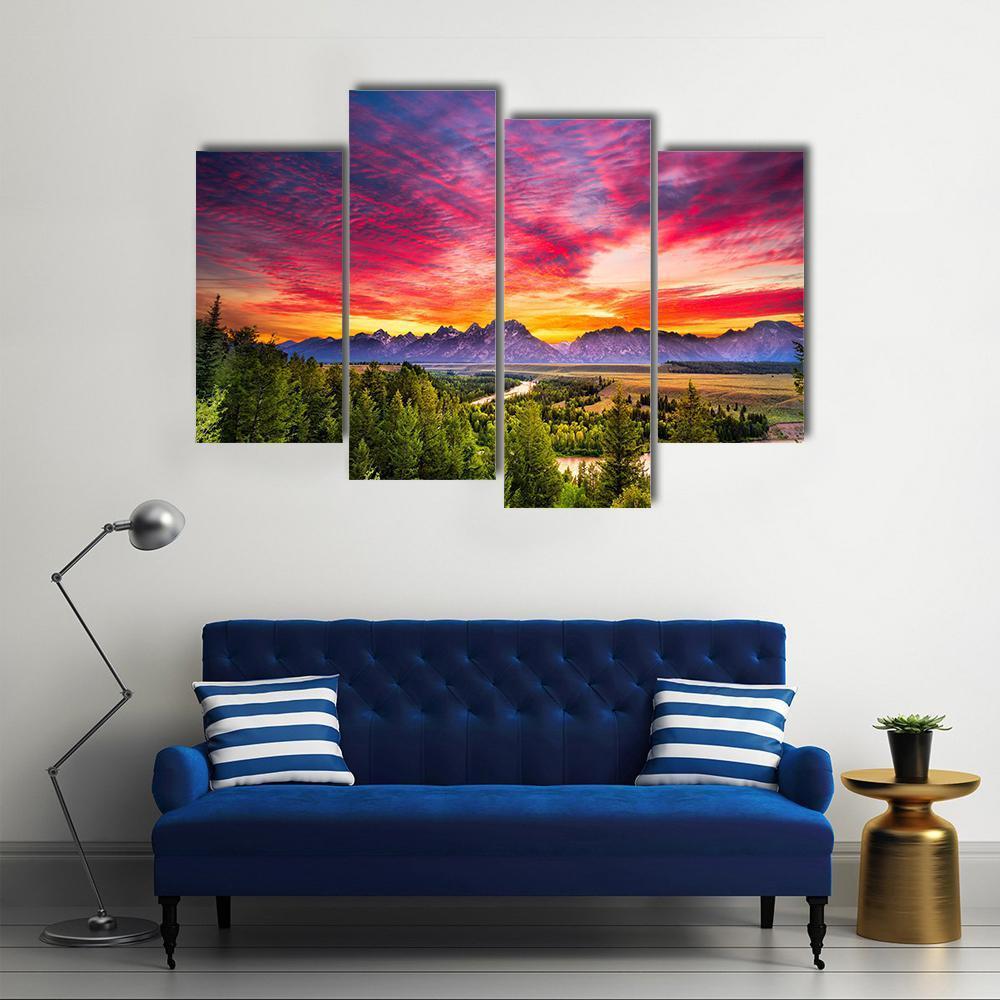 Colorful Sunset At Snake River Canvas Wall Art-4 Pop-Gallery Wrap-50" x 32"-Tiaracle