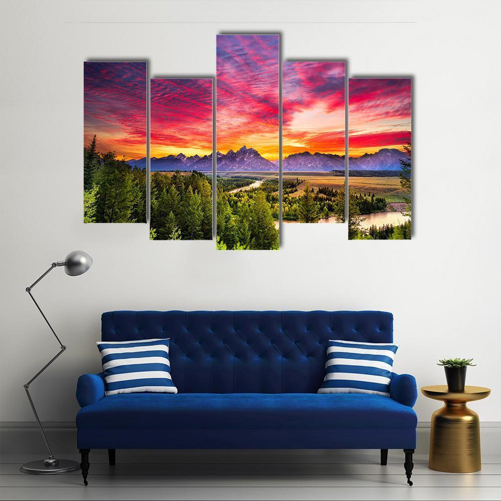 Colorful Sunset At Snake River Canvas Wall Art-5 Pop-Gallery Wrap-47" x 32"-Tiaracle
