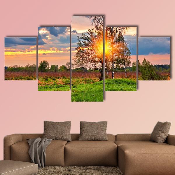 Sunset In Summer Field Canvas Wall Art-5 Star-Gallery Wrap-62" x 32"-Tiaracle
