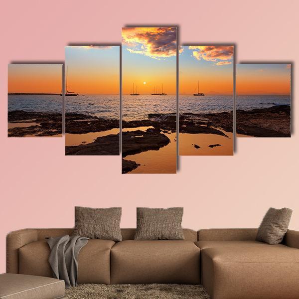 Colorful Sunset Of Ibiza Canvas Wall Art-5 Star-Gallery Wrap-62" x 32"-Tiaracle