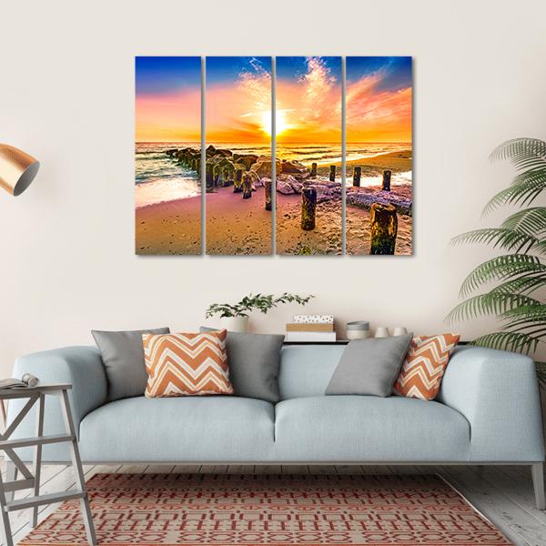 Colorful Sunset On Beach Canvas Wall Art-4 Horizontal-Gallery Wrap-34" x 24"-Tiaracle
