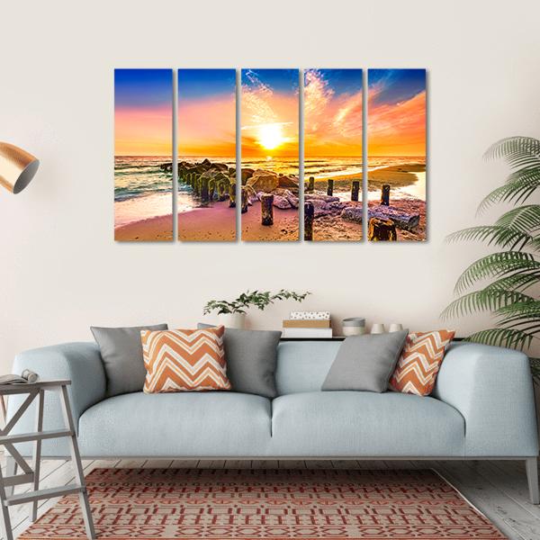 Colorful Sunset On Beach Canvas Wall Art-5 Horizontal-Gallery Wrap-22" x 12"-Tiaracle