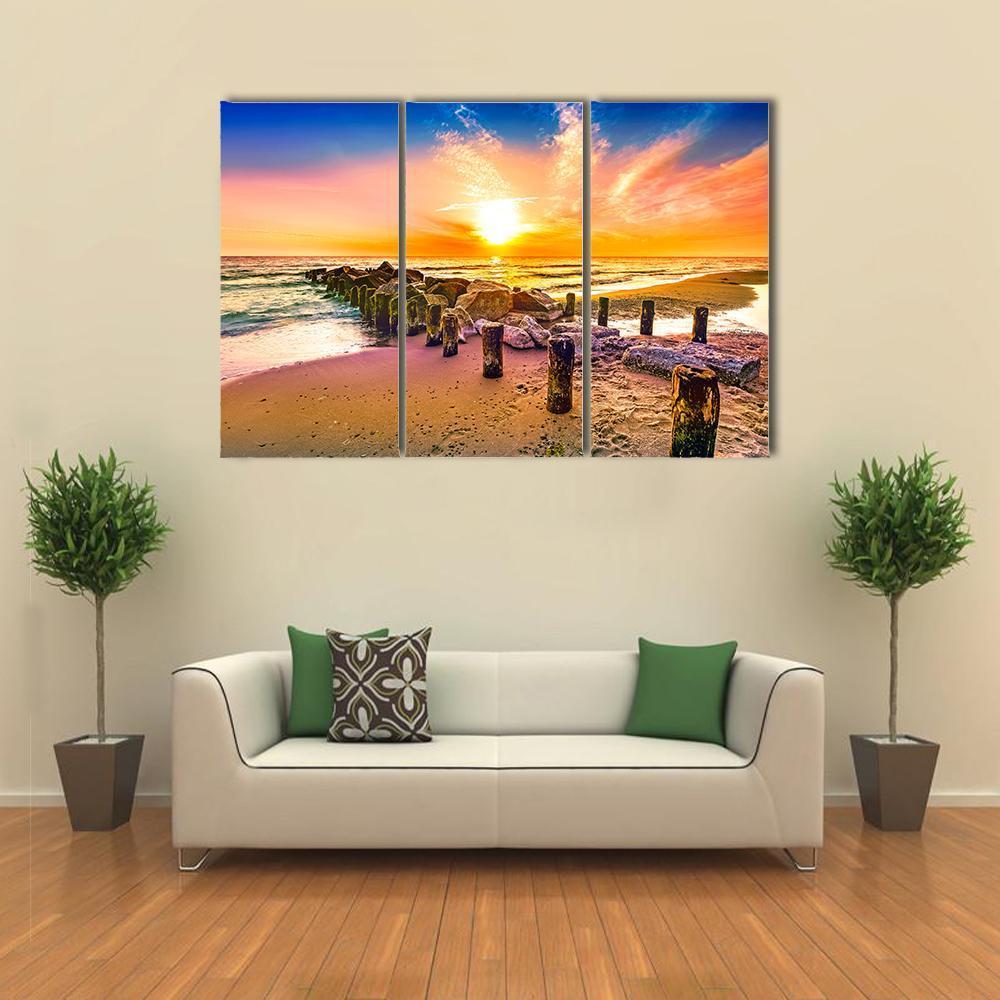 Colorful Sunset On Beach Canvas Wall Art-3 Horizontal-Gallery Wrap-37" x 24"-Tiaracle