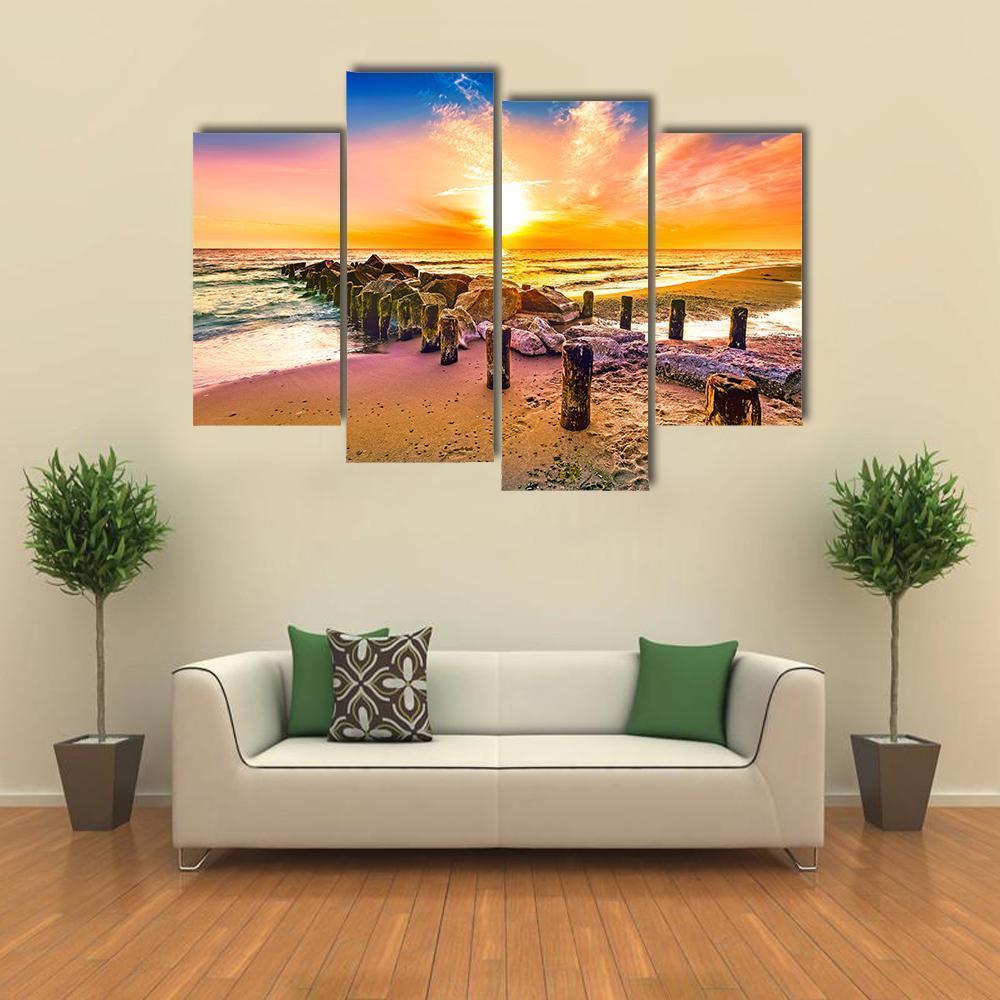 Colorful Sunset On Beach Canvas Wall Art-5 Pop-Gallery Wrap-47" x 32"-Tiaracle