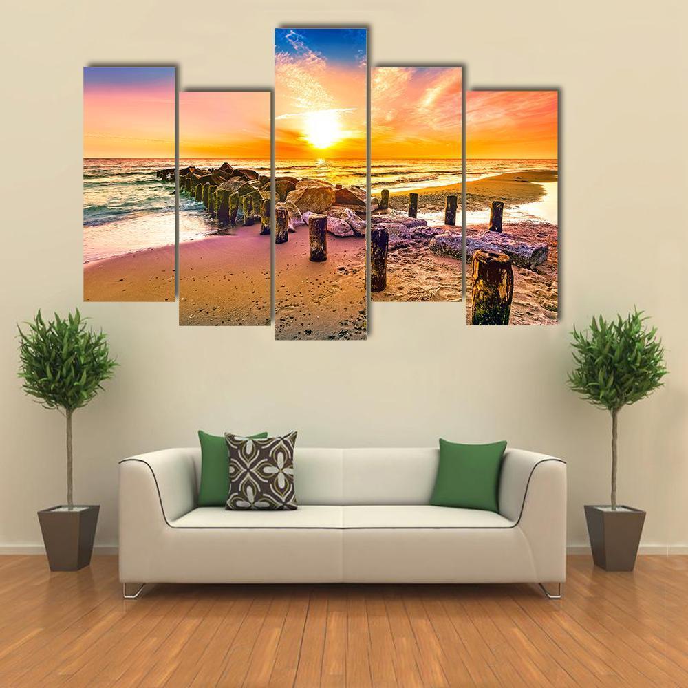 Colorful Sunset On Beach Canvas Wall Art-5 Pop-Gallery Wrap-47" x 32"-Tiaracle