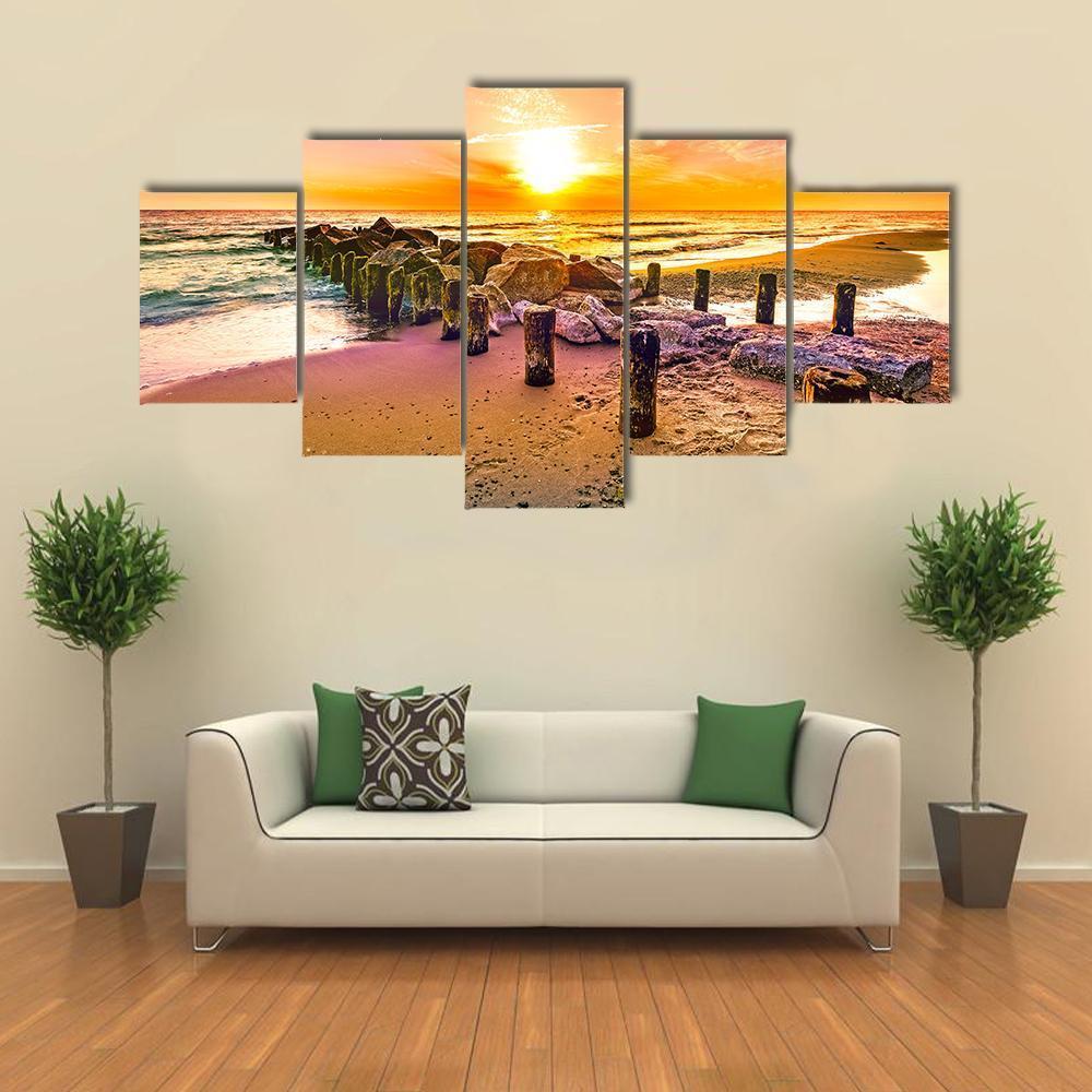 Colorful Sunset On Beach Canvas Wall Art-5 Star-Gallery Wrap-62" x 32"-Tiaracle