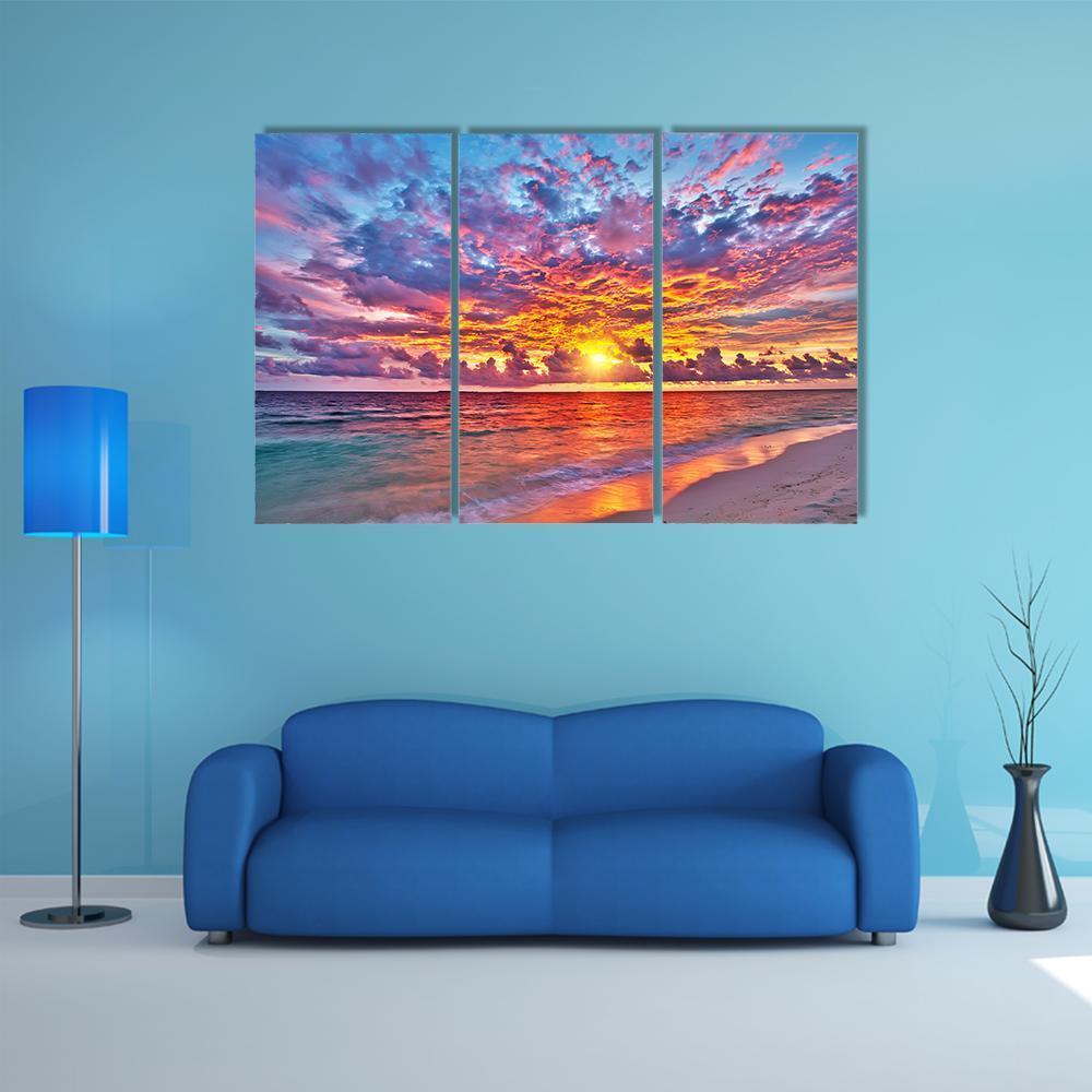 Colorful Sunset Over Ocean Canvas Wall Art-3 Horizontal-Gallery Wrap-37" x 24"-Tiaracle
