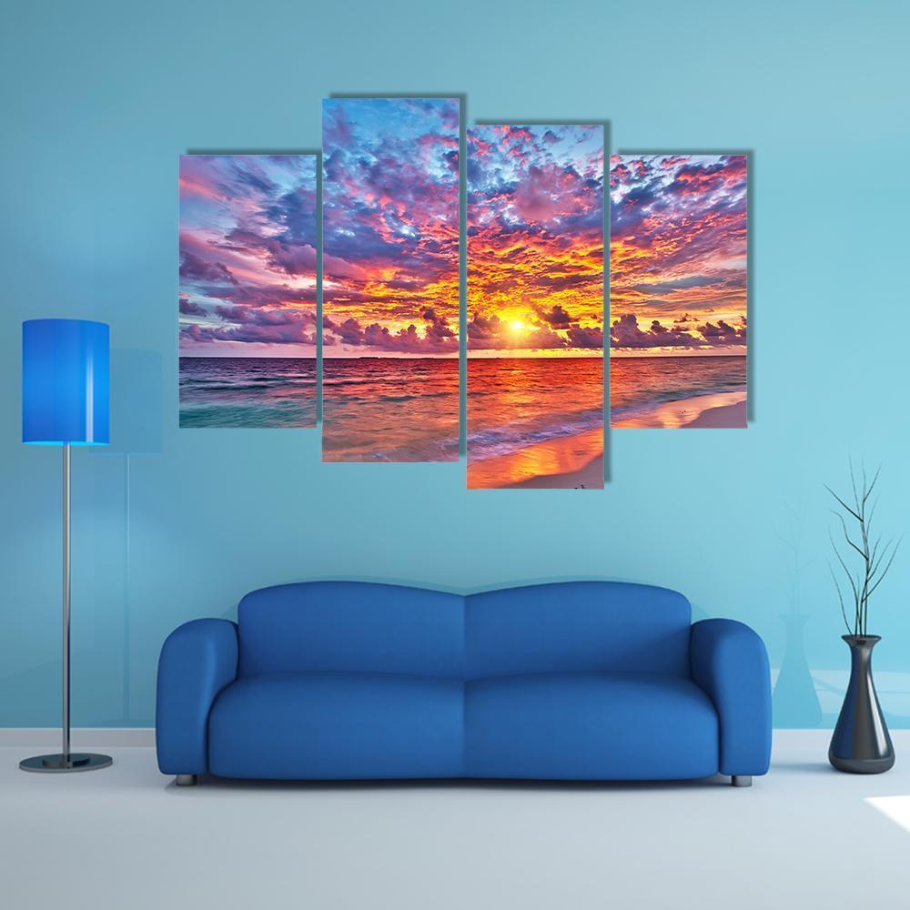 Colorful Sunset Over Ocean Canvas Wall Art-5 Star-Gallery Wrap-62" x 32"-Tiaracle