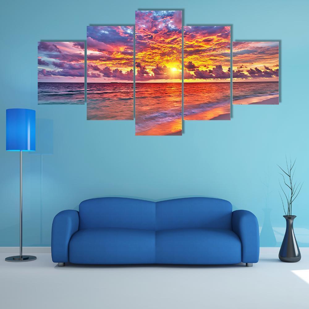Colorful Sunset Over Ocean Canvas Wall Art-5 Star-Gallery Wrap-62" x 32"-Tiaracle