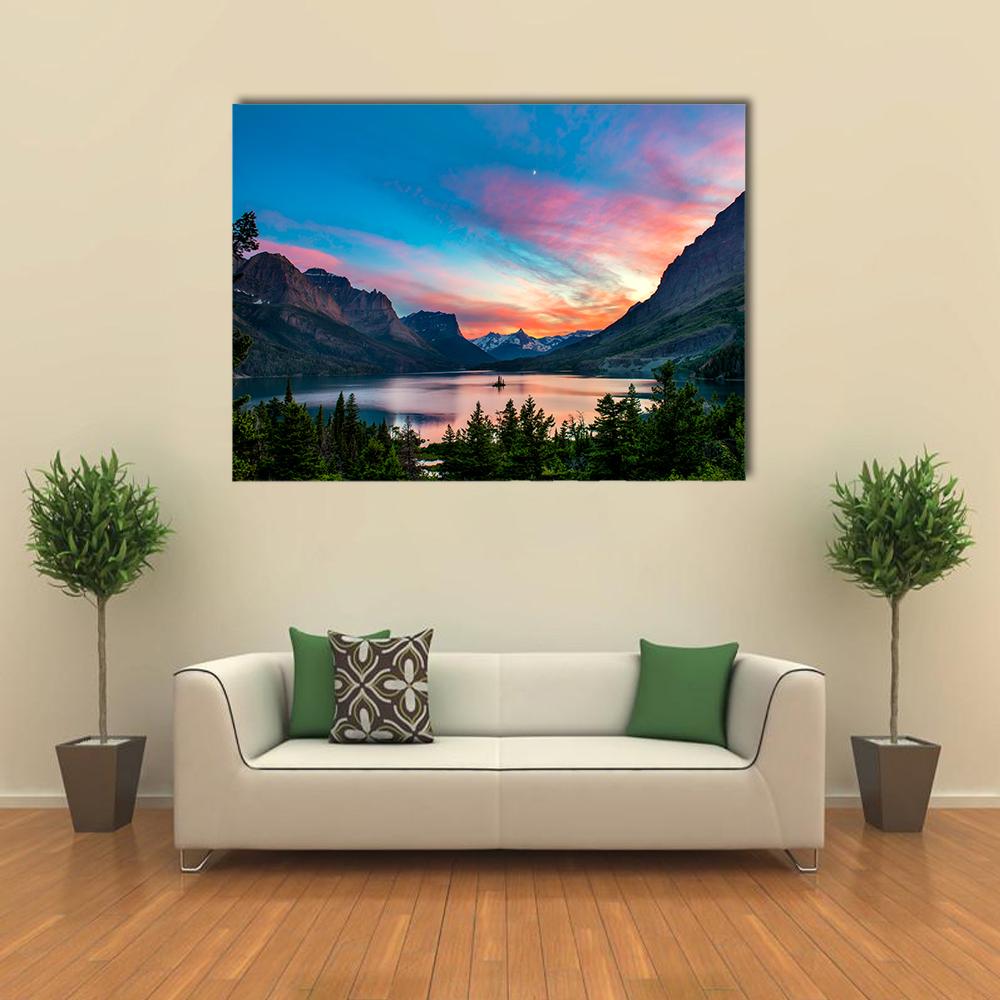 Sunset Over St. Mary Lake Canvas Wall Art in orange, blue and pink, single panel hung on a wall