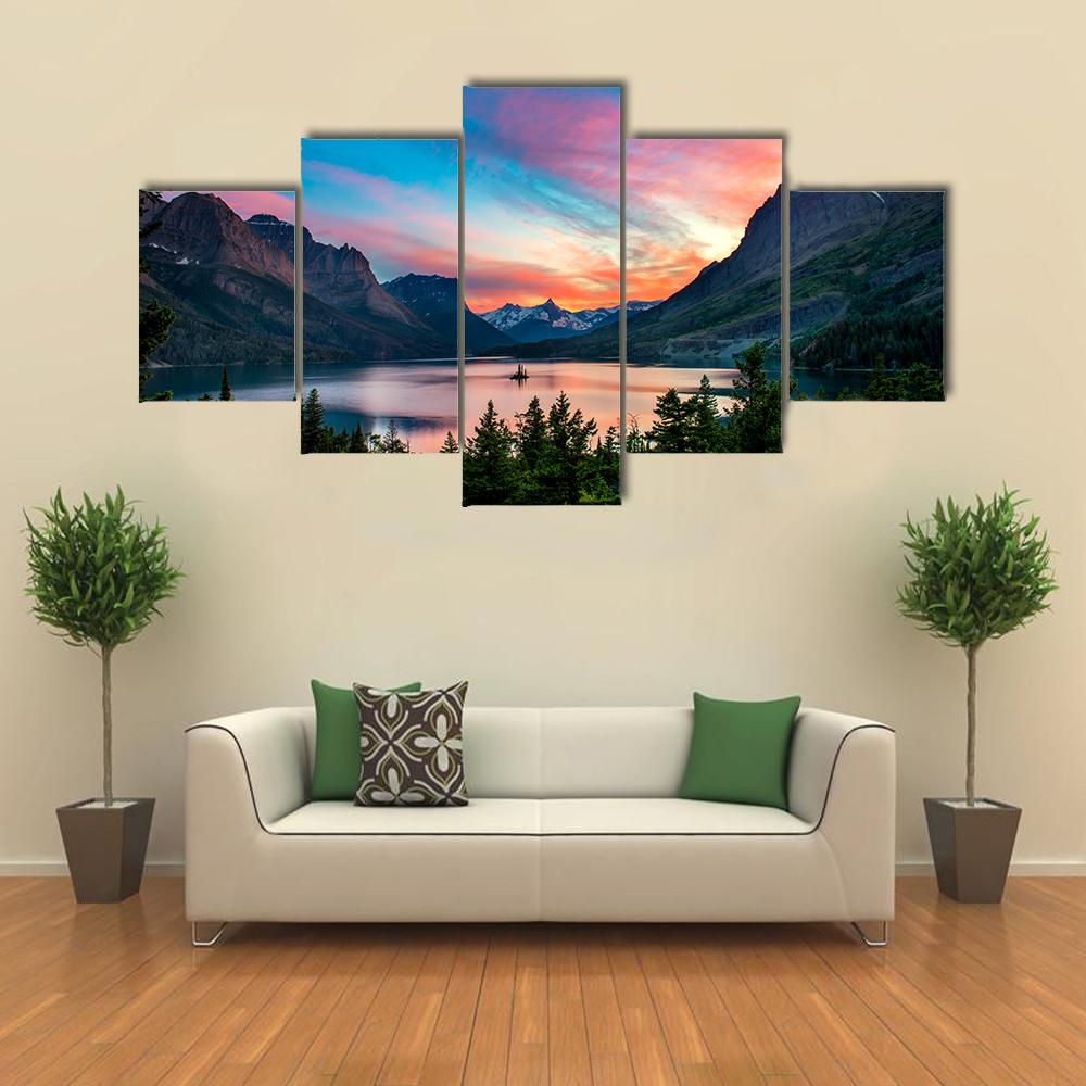 Sunset Over St. Mary Lake Canvas Wall Art-5 Star-Gallery Wrap-42" x 21"-Tiaracle