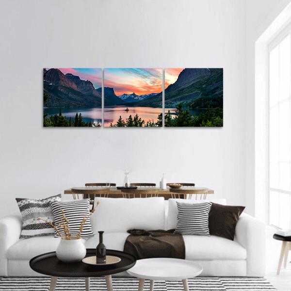 Sunset Over St. Mary Lake Panoramic Canvas Wall Art-3 Piece-25" x 08"-Tiaracle