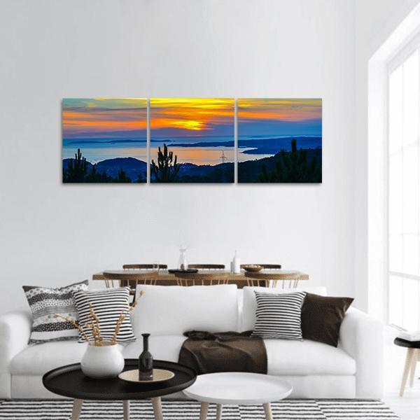 Sunset Near Dark Trees Panoramic Canvas Wall Art-3 Piece-25" x 08"-Tiaracle