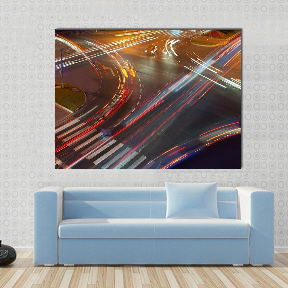 Colorful Traffic Lights Canvas Wall Art in black, red and multicolor, single panel hung on a wall