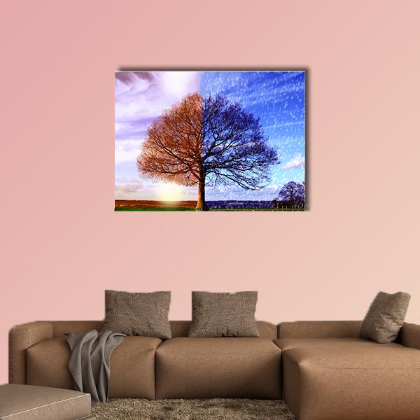 Tree in Two Seasons Canvas Wall Art in white, orange and blue, single panel hung on a wall