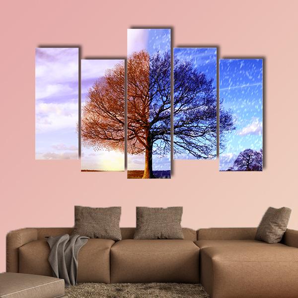 Tree In Two Seasons Canvas Wall Art-5 Pop-Gallery Wrap-32" x 21"-Tiaracle