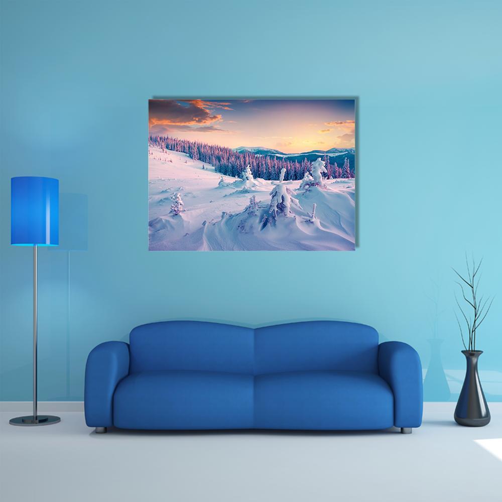 Colorful Winter Sunrise In The Mountains Canvas Wall Art-4 Horizontal-Gallery Wrap-34" x 24"-Tiaracle