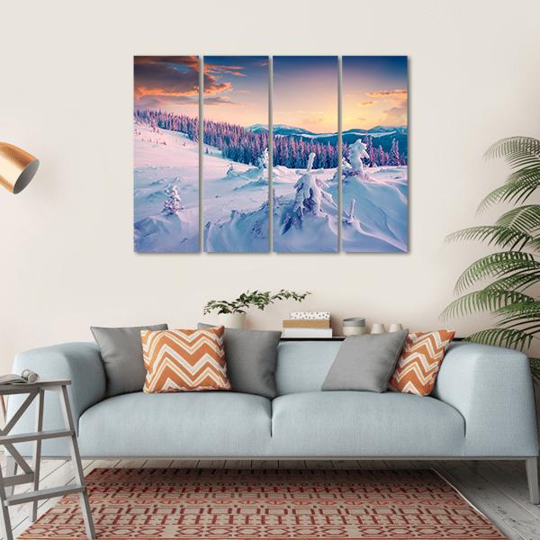 Colorful Winter Sunrise In The Mountains Canvas Wall Art-4 Horizontal-Gallery Wrap-34" x 24"-Tiaracle