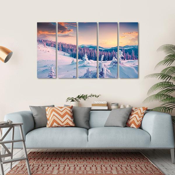 Colorful Winter Sunrise In The Mountains Canvas Wall Art-5 Horizontal-Gallery Wrap-22" x 12"-Tiaracle