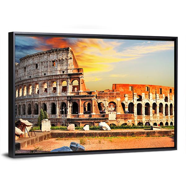 Colosseum In Sunset Canvas Wall Art-3 Horizontal-Gallery Wrap-25" x 16"-Tiaracle