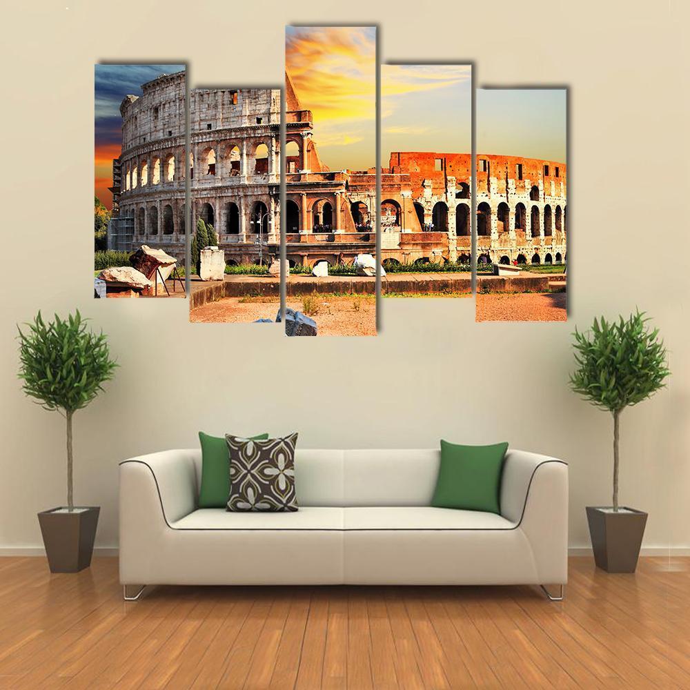 Colosseum In Sunset Canvas Wall Art-5 Pop-Gallery Wrap-47" x 32"-Tiaracle