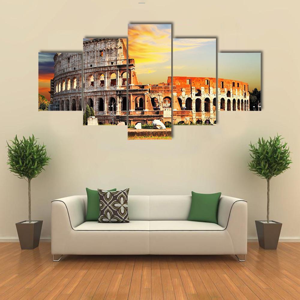 Colosseum In Sunset Canvas Wall Art-5 Star-Gallery Wrap-62" x 32"-Tiaracle