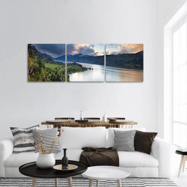Columbia River Gorge Sunlit Valley Panoramic Canvas Wall Art in gray, green and blue, hung on a wall
