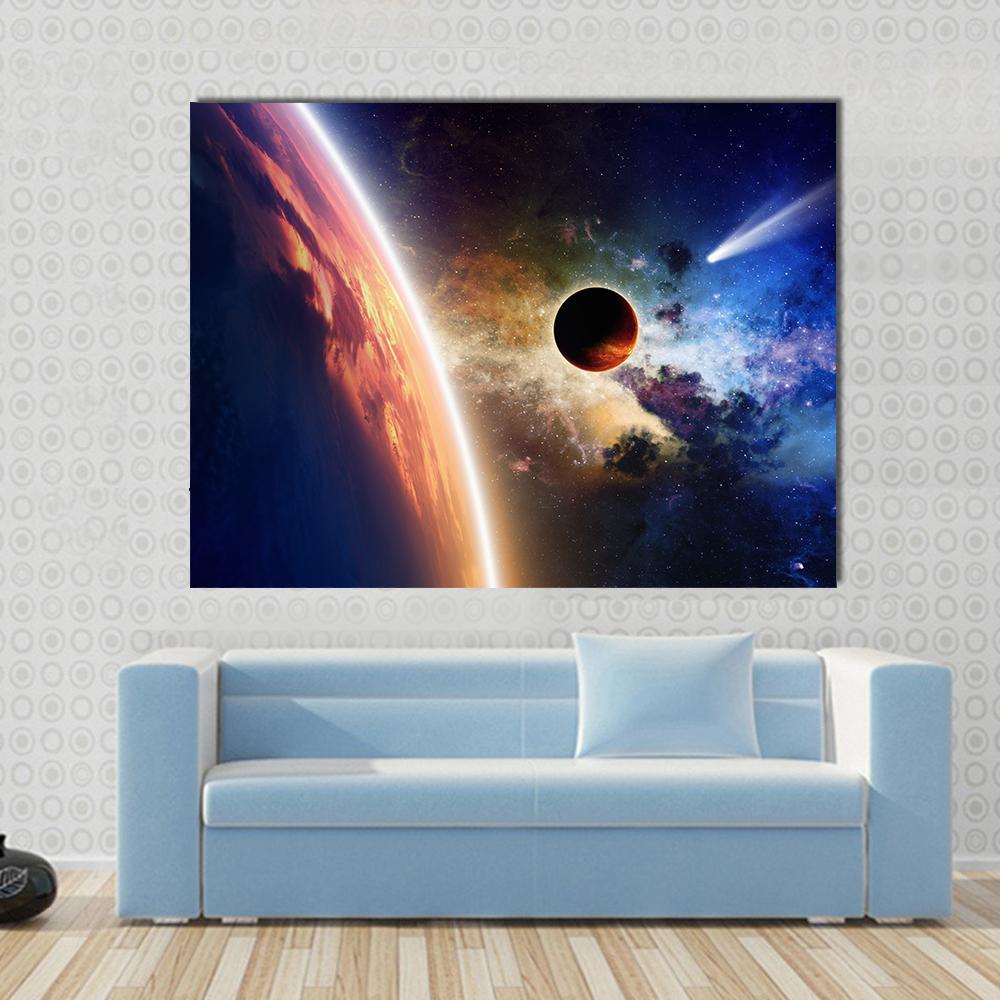 Comet &amp; Glowing Planet Canvas Wall Art in black, orange and blue, single panel hung on a wall