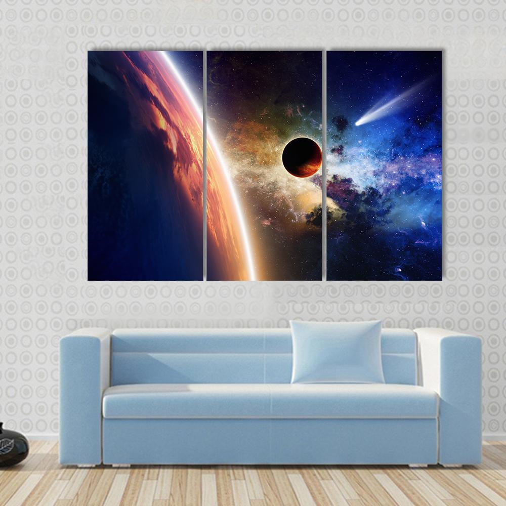 Comet & Glowing Planet Canvas Wall Art-3 Horizontal-Gallery Wrap-37" x 24"-Tiaracle
