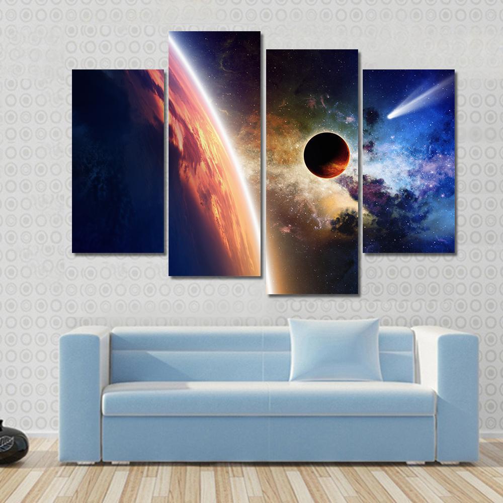 Comet & Glowing Planet Canvas Wall Art-4 Pop-Gallery Wrap-50" x 32"-Tiaracle