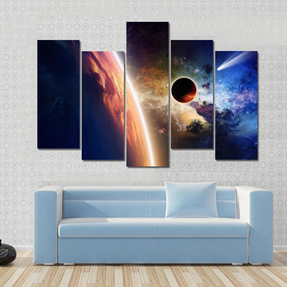 Comet & Glowing Planet Canvas Wall Art-5 Pop-Gallery Wrap-47" x 32"-Tiaracle
