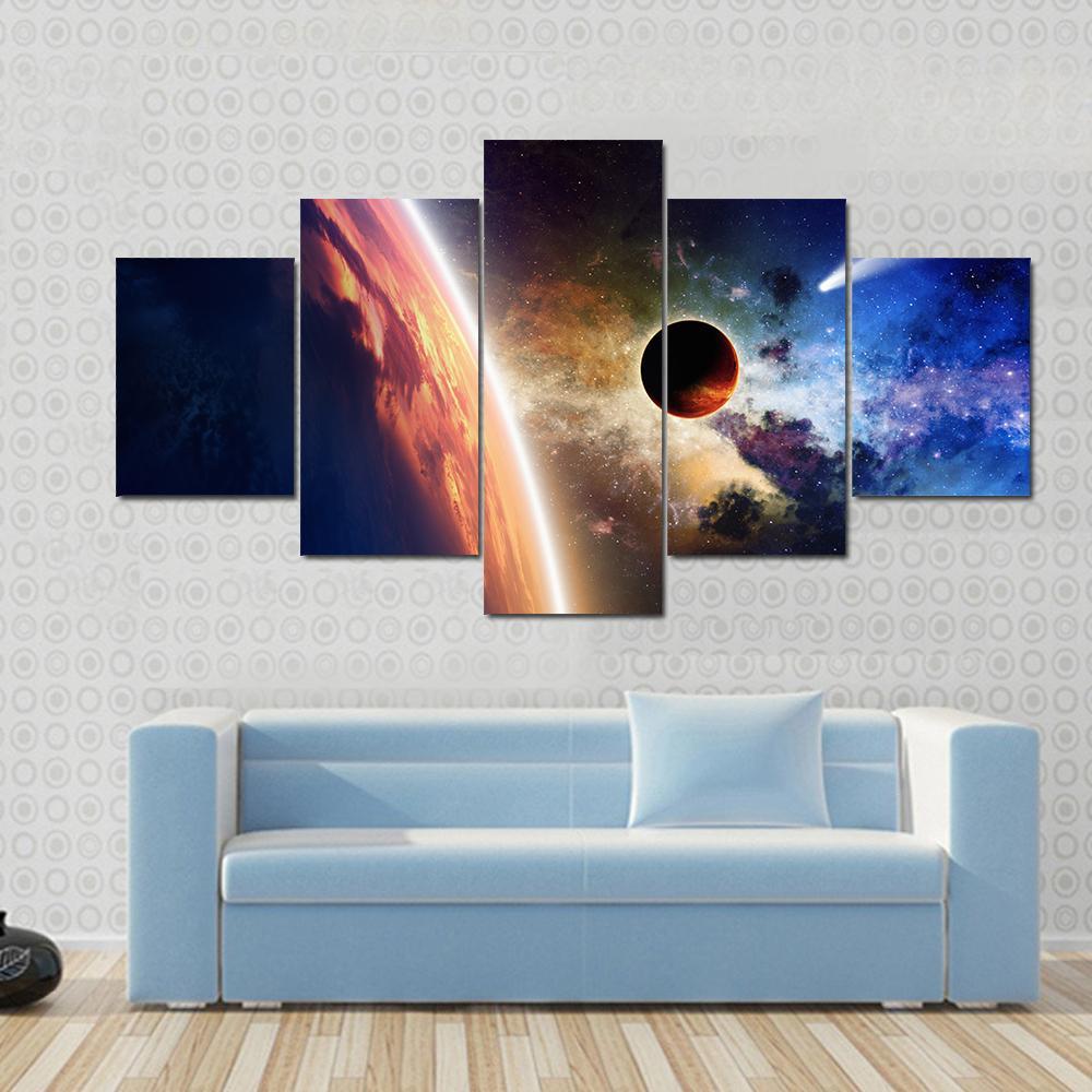 Comet &amp; Glowing Planet Canvas Wall Art-5 Star-Gallery Wrap-62" x 32"-Tiaracle