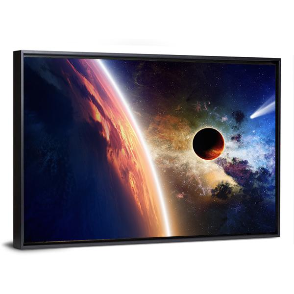 Comet & Glowing Planet Canvas Wall Art-3 Horizontal-Gallery Wrap-25" x 16"-Tiaracle