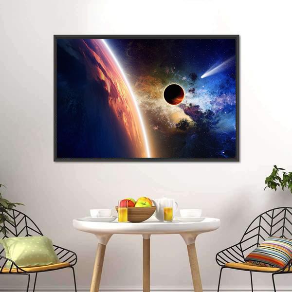 Comet & Glowing Planet Canvas Wall Art-1 Piece-Floating Frame-24" x 16"-Tiaracle
