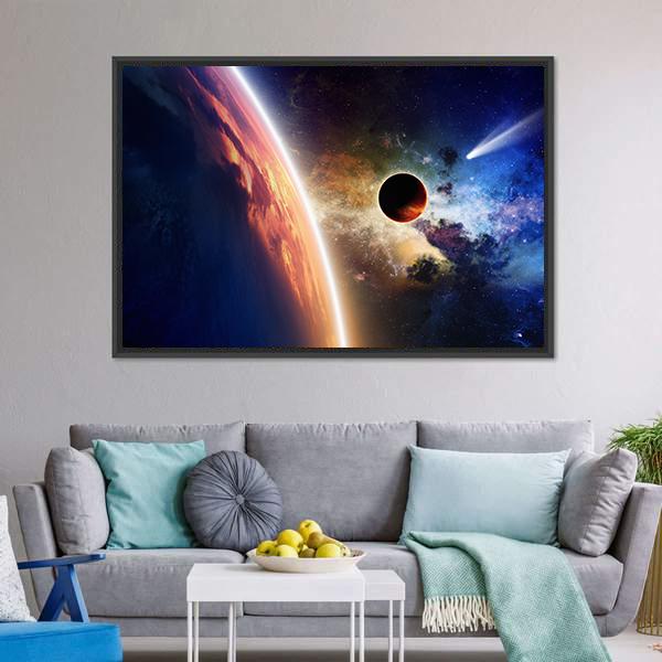 Comet & Glowing Planet Canvas Wall Art-3 Horizontal-Gallery Wrap-25" x 16"-Tiaracle