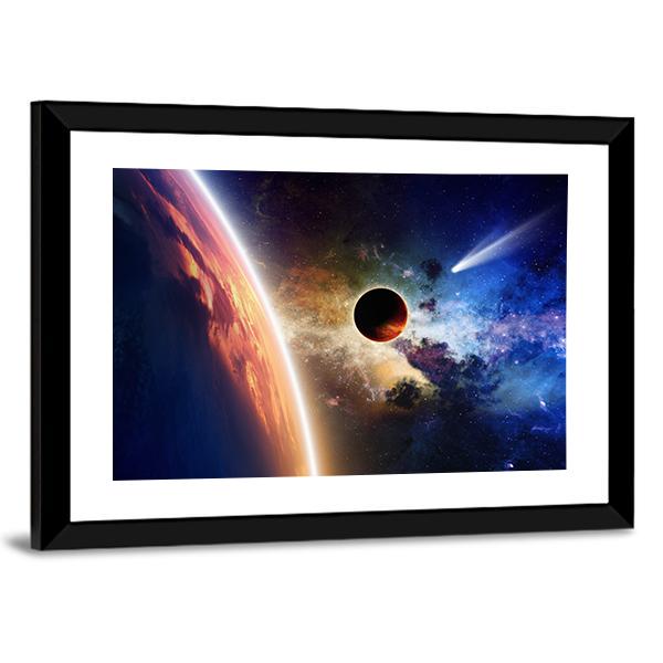 Comet & Glowing Planet Canvas Wall Art-3 Horizontal-Gallery Wrap-25" x 16"-Tiaracle