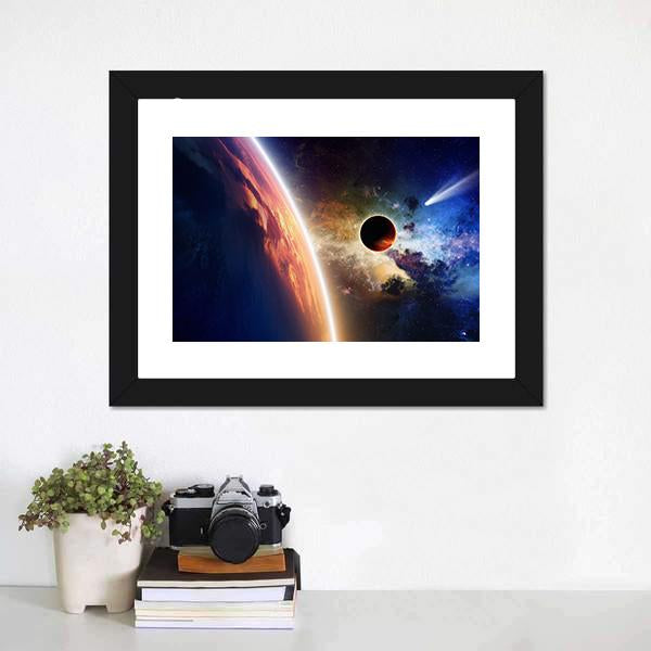 Comet & Glowing Planet Canvas Wall Art-3 Horizontal-Gallery Wrap-25" x 16"-Tiaracle