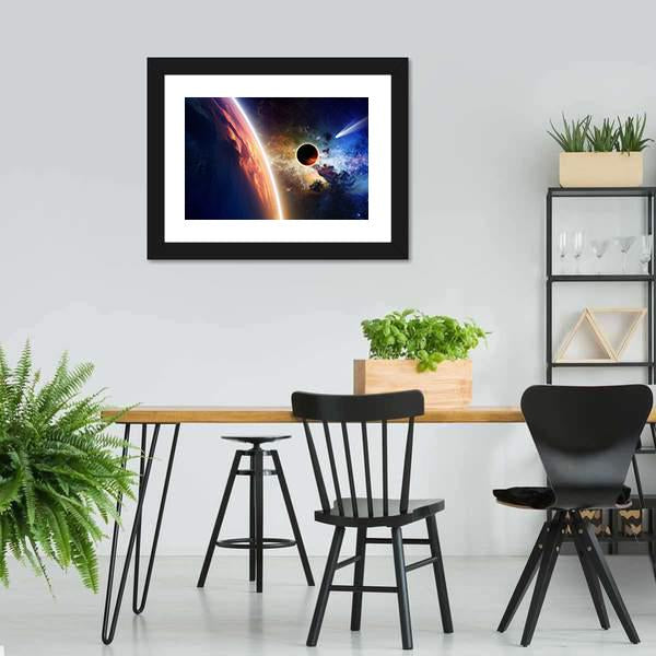 Comet & Glowing Planet Canvas Wall Art-3 Horizontal-Gallery Wrap-25" x 16"-Tiaracle