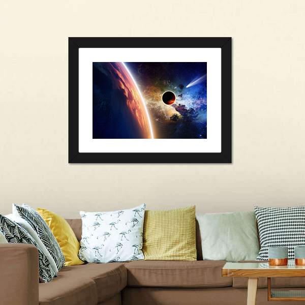 Comet &amp; Glowing Planet Canvas Wall Art-1 Piece-Framed Print-20" x 16"-Tiaracle
