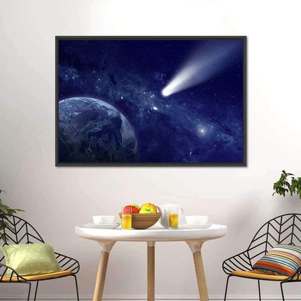 Comet Approaching Planet Canvas Wall Art-1 Piece-Floating Frame-24" x 16"-Tiaracle