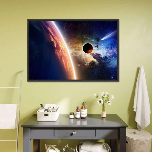 Comet & Glowing Planet Panoramic Canvas Wall Art-1 Piece-36" x 12"-Tiaracle