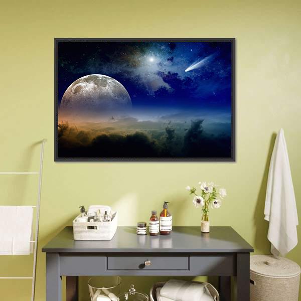 Comet In Dark Blue Sky Canvas Wall Art-5 Horizontal-Gallery Wrap-22" x 12"-Tiaracle