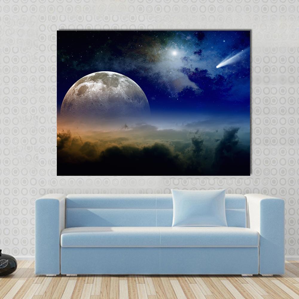 Comet in Dark Blue Sky Canvas Wall Art in black, blue and navy, single panel hung on a wall