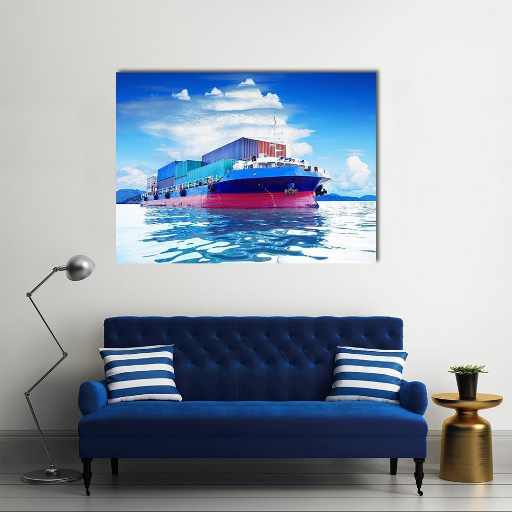 Commercial Container Ship Canvas Wall Art in white and blue, single panel hung on a wall
