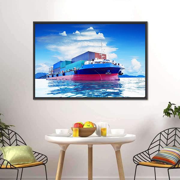 Commercial Container Ship Canvas Wall Art in white and blue, framed canvas, product view on a white background