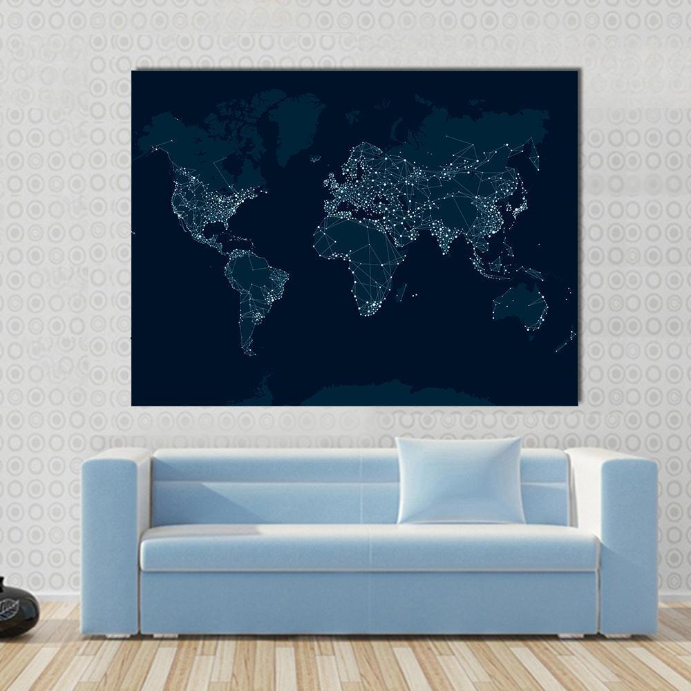Communications Network Map Canvas Wall Art in white, blue and navy, single panel hung on a wall