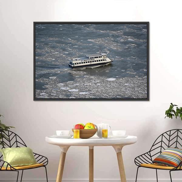Commuter Ferry On East River Canvas Wall Art-1 Piece-Floating Frame-24" x 16"-Tiaracle
